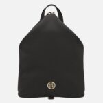 Black backpack with a rounded top, textured leather look, and a small gold circular logo at the lower front center; top handle visible.