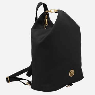 Black pebbled leather backpack with gold hardware, a top zipper, and a small gold logo on the front.