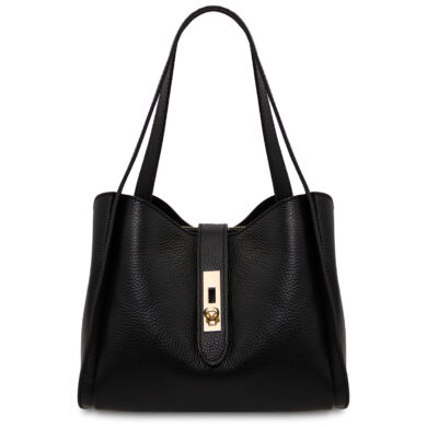 Black pebbled leather tote bag with double shoulder straps and a gold-tone clasp on the front strap edge if present.