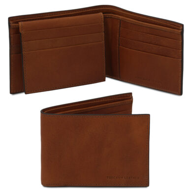Brown leather bi-fold wallet with stitched edges and subtle Tuscany Leather branding on the front corner.