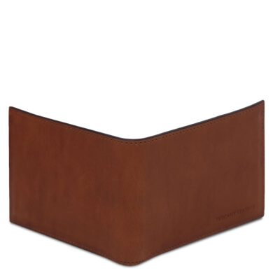 Brown bifold leather wallet opened to show multiple card slots and an ID window; handmade in Italy.