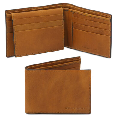 Brown leather bifold wallet with visible stitching and brand imprint 'TUSCANY LEATHER' in the corner