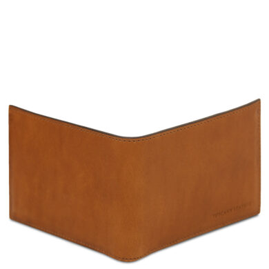 Tan leather bi-fold wallet open to reveal multiple card slots on both sides; handmade in Italy.