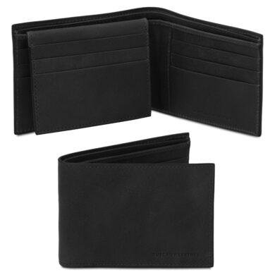Black leather bi-fold wallet with subtle stitching and the brand 'Tuscany Leather' embossed on the lower right edge