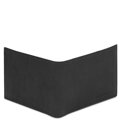 Black leather bifold wallet open, showing multiple card slots and a clear ID window on the left.