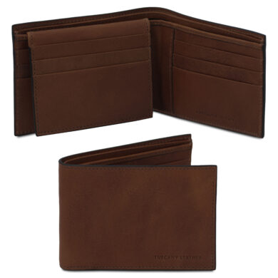 Brown leather bi-fold wallet with visible stitching and a subtle Tuscony Leather branding on the bottom right edge of the front panel