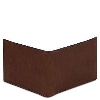 Open brown leather wallet with multiple card slots and clear ID window, showing handmade in Italy finish