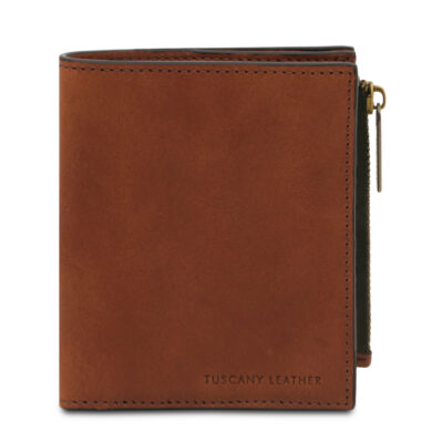 Brown leather zippered wallet with visible stitching and the 'Tuscany Leather' logo on the front.