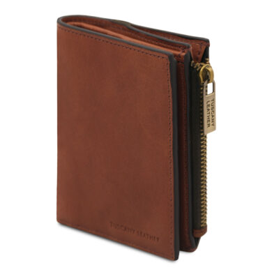 Brown leather wallet with a gold zipper opened to show the coin pocket and card slots inside the black fabric lining