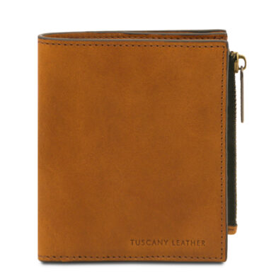 Brown leather wallet with a zippered side pocket, embossed 'Tuscany Leather'.