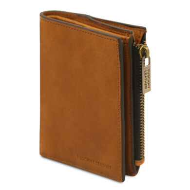 Brown leather wallet with a gold zipper along the right edge and embossed 'TUSCANY LEATHER' on the front corner