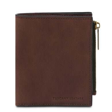 Brown leather wallet with a zippered side pocket and subtle stitching, branded 'TUSCANY LEATHER' at the bottom corner