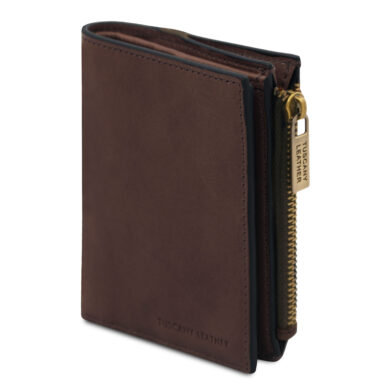 Brown leather wallet open to reveal multiple card slots and a 'Handmade in Italy' stamp on the interior.