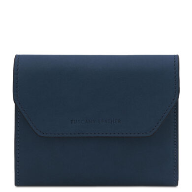 Blue leather wallet with a front flap and stitched edges; Tuscany Leather branding visible on the flap