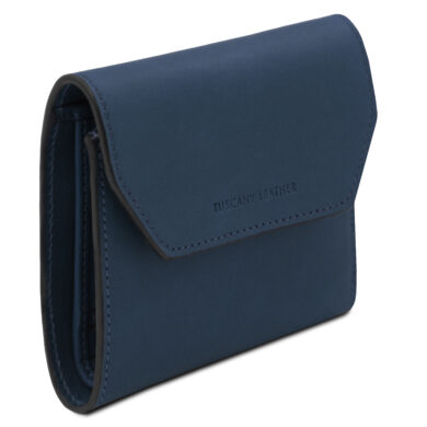 Blue leather wallet with a curved top flap and 'Tuscany Leather' stamp, compact cardholder style on white background.