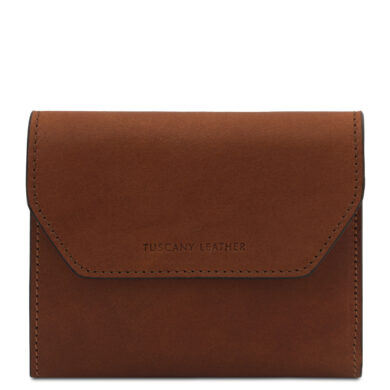 Brown leather wallet with visible stitching and a flap marked Tuscany Leather