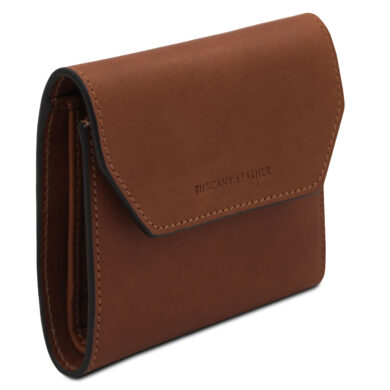 Brown leather wallet with visible stitching and the 'Tuscany Leather' brand on the flap, shown from a side angle.