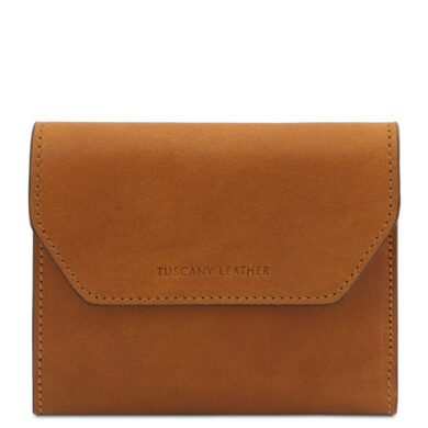Brown leather wallet with stitched edges and a subtle 'Tuscany Leather' brand emboss on the front