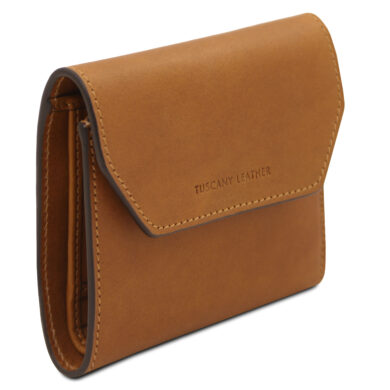 Tan leather wallet with a front flap, visible stitching, and brown edging; embossed 'TUSCANY LEATHER' on the front.