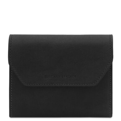 Black leather wallet with a front flap and visible stitching along the edges, embossed 'Tuscany Leather' on the front center.