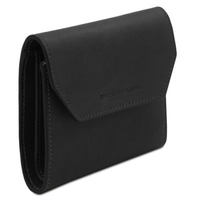 Black leather wallet with a flap, embossed 'TUSCANY LEATHER' on the front.
