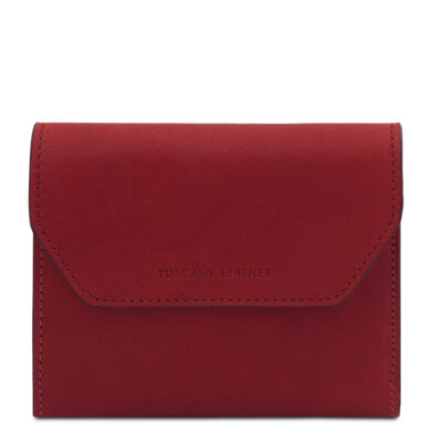 Red leather wallet with a flap closure and subtle stitching, branded Tuscany Leather at center front.