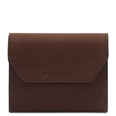 Brown leather wallet with a flap closure and visible stitching, embossed with 'TUSCANY LEATHER' on the front.