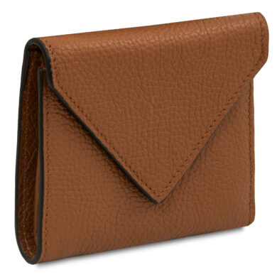 Brown pebbled leather envelope-style wallet with a fold-over flap and black edge trim.