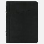 Closed black leather portfolio with a diagonal front pocket and metal spine clasps along the left edge