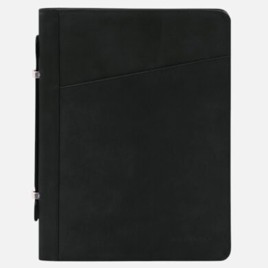 Closed black leather portfolio with a diagonal front pocket and metal spine clasps along the left edge