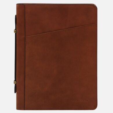 Brown leather portfolio with a diagonal front pocket and gold-tone side clasps, showing a sleek, professional organizer (Tuscany Leather).