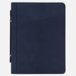 Navy blue leather portfolio binder with diagonal seam and metal side clasps, closed and slim.