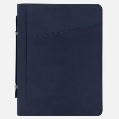Navy blue leather portfolio binder with diagonal seam and metal side clasps, closed and slim.