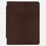 Brown leather portfolio/folio with diagonal front seam and side clasps, front cover embossed with 'Tuscany Leather'