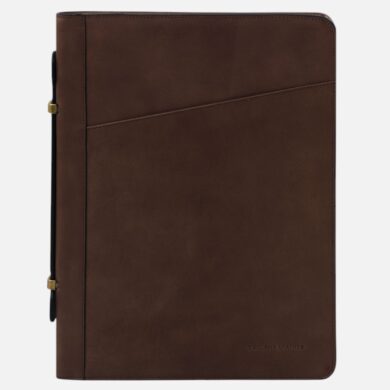 Brown leather portfolio/folio with diagonal front seam and side clasps, front cover embossed with 'Tuscany Leather'