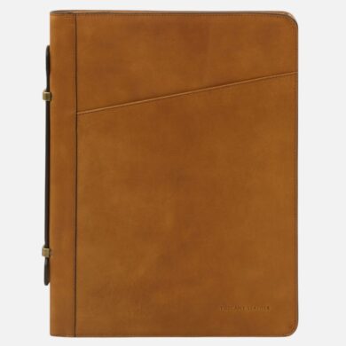 Tan leather portfolio binder with diagonal stitched panel and side straps; Tuscany Leather branding visible on bottom corner.