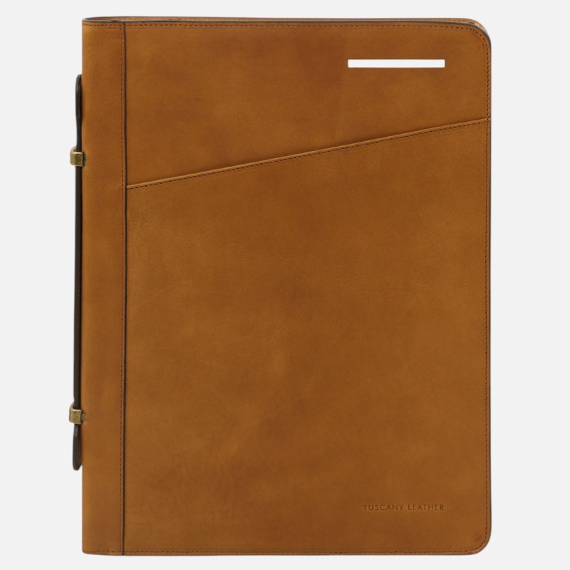 Tan leather portfolio binder with a diagonal front pocket and a white card slot at the top right, a sleek document organizer for notes and papers.