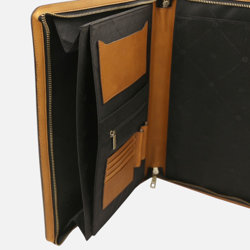 Organizer wallet with multiple card slots and zip pocket inside a tan-and-black leather case.