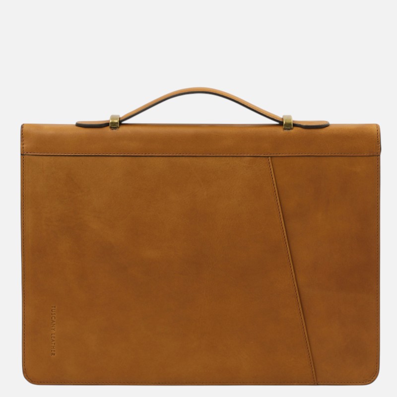 Tan leather briefcase/portfolio with a top handle, diagonal seam detail, and subtle brand embossing along the lower left edge.
