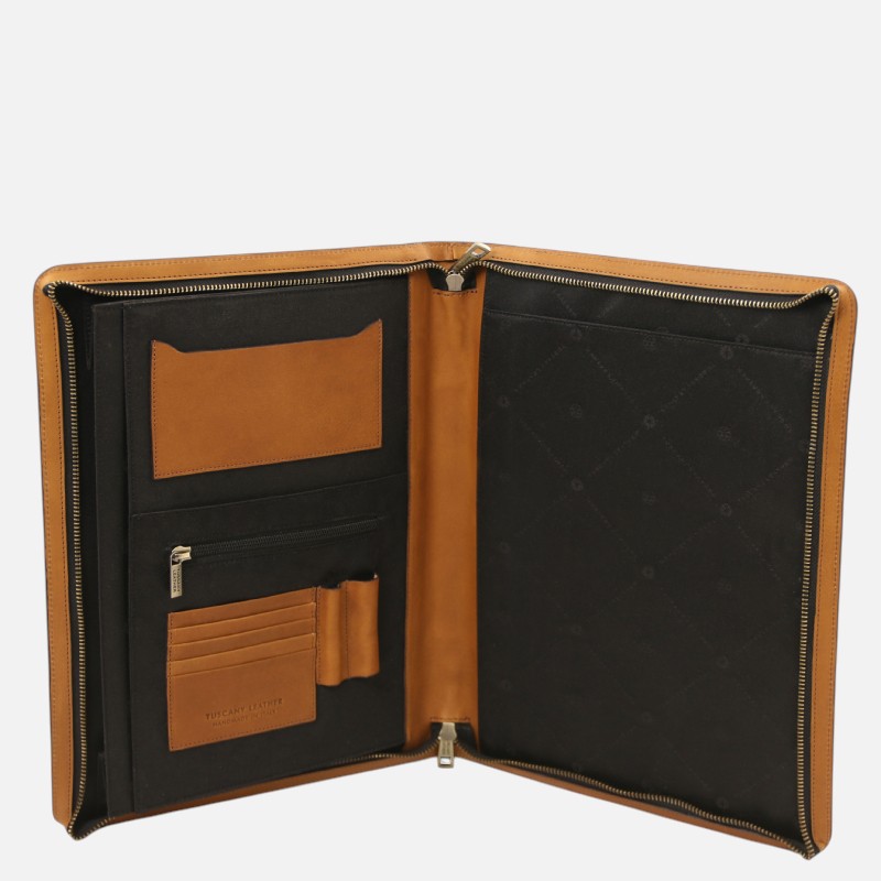 Tan leather zippered wallet opened to reveal multiple card slots, a clear ID window, and a zippered compartment.