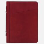 Red leather portfolio with a diagonal front pocket and two silver clasps along the left edge (front view).