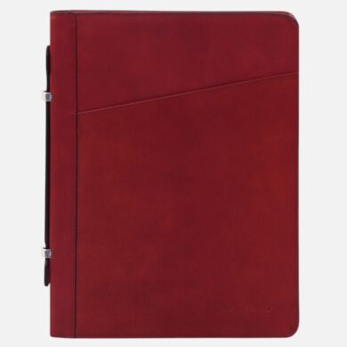 Red leather portfolio with a diagonal front pocket and two silver clasps along the left edge (front view).