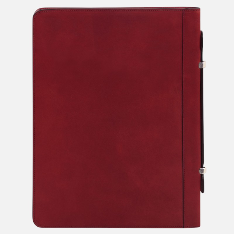 Red leather portfolio binder standing upright with two small silver clasps along the side edges