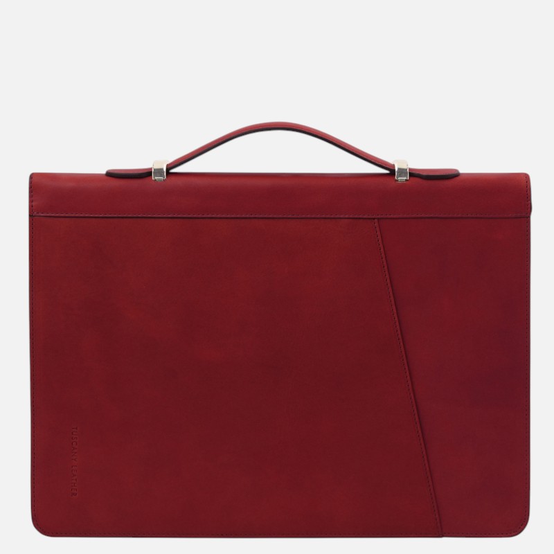Red leather briefcase with a single top handle and diagonal panel seam, simple and sleek.