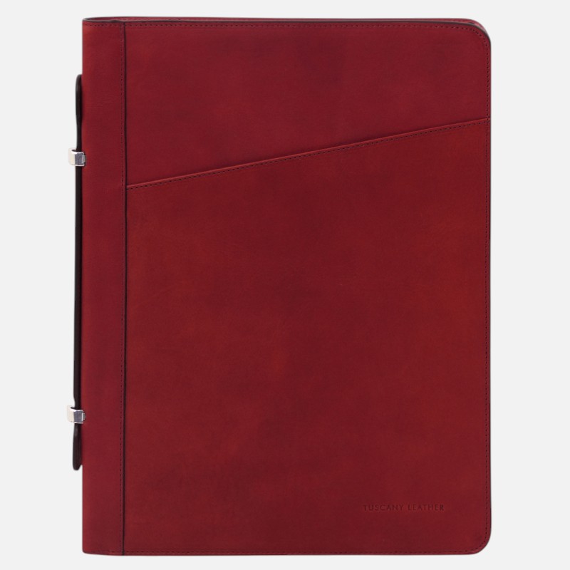 Red leather portfolio with a diagonal front pocket and two silver clasps along the left edge (front view).