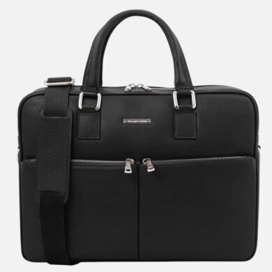 Black leather briefcase with dual top handles, front zipper pockets, and a detachable shoulder strap on a white background.