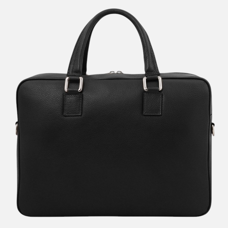 Black leather briefcase with two top handles and silver hardware, front view on a white background.