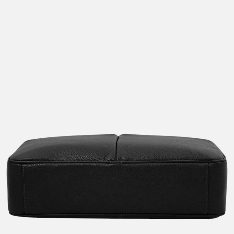 Black leather rectangular ottoman/footstool with a center seam, shown from the side.