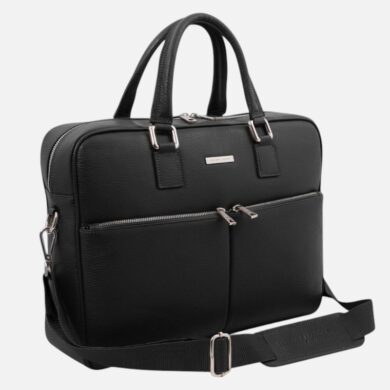 Black leather briefcase with double top handles, front zip pockets, and an adjustable shoulder strap for professional use