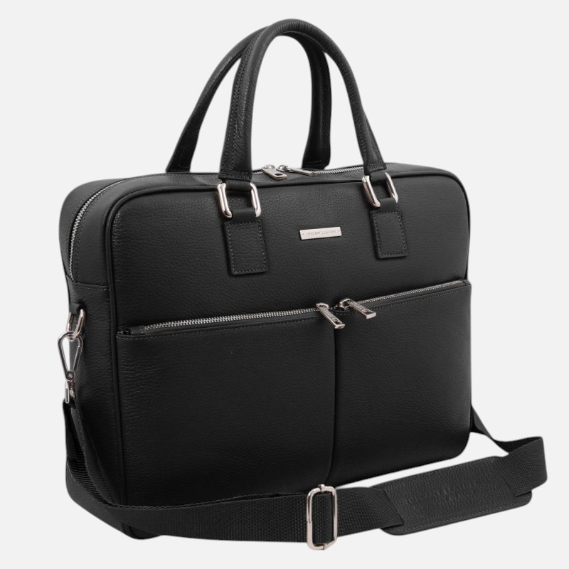 Black leather briefcase with double top handles, front zip pockets, and an adjustable shoulder strap for professional use